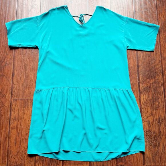 Eileen Fisher Turquoise V-Neck Dress Sz Large Coastal Chic Lightweight Flowy - Picture 8 of 16